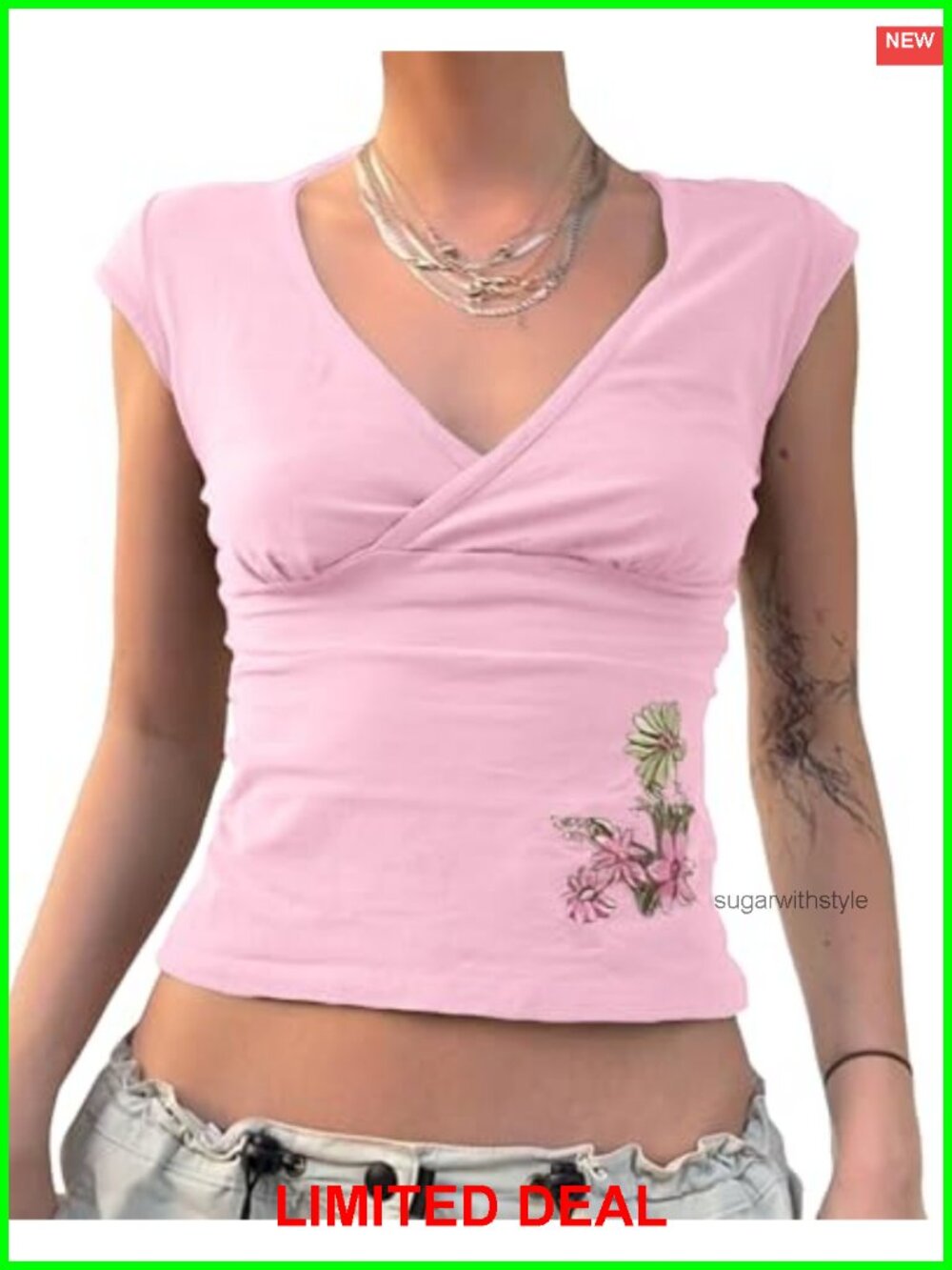 Women's Floral Embroidered V-Neck Cap Sleeve Crop T-Shirt Slim Fit